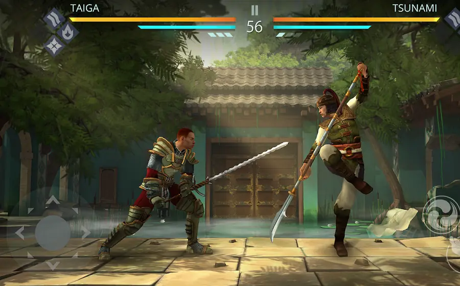Duelo de espadas num cenário oriental do jogo Shadow Fight 3
