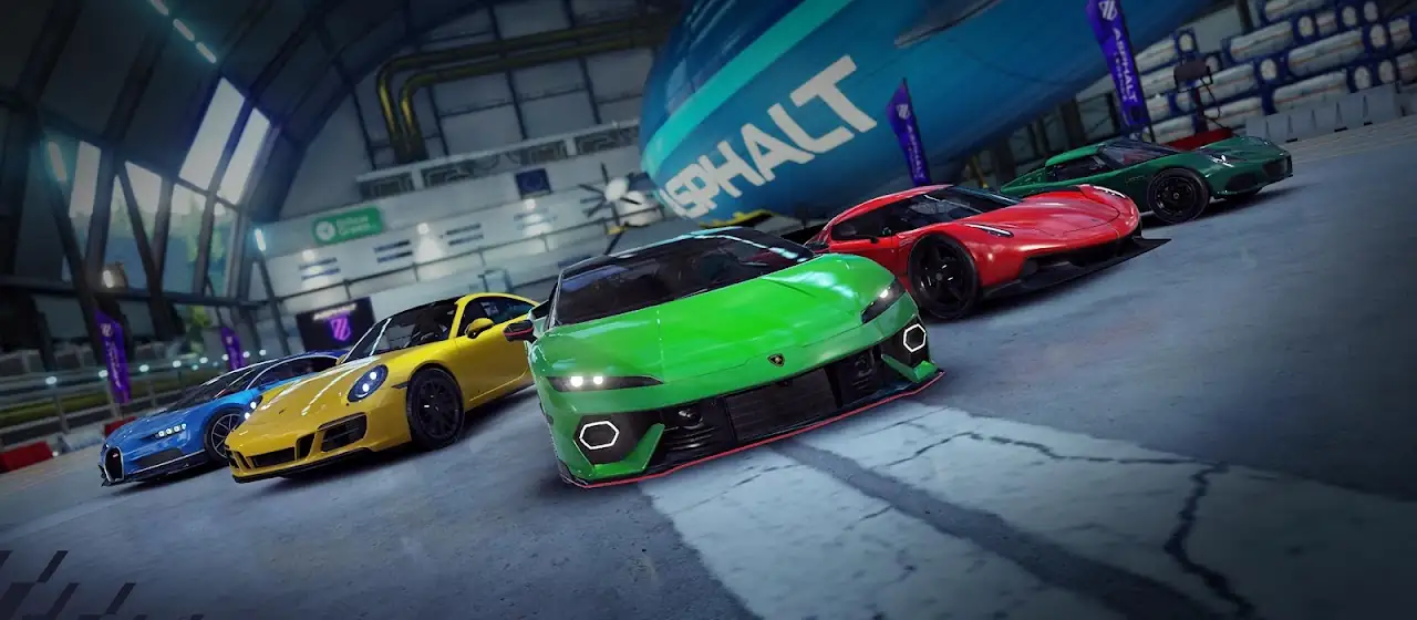 Linha de carros desportivos icónicos do jogo Asphalt Legends numa garagem futurista